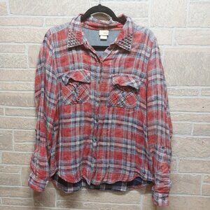 Daytrip Plaid and Denim Studded Button Down Blouse Womens XL Long Sleeve